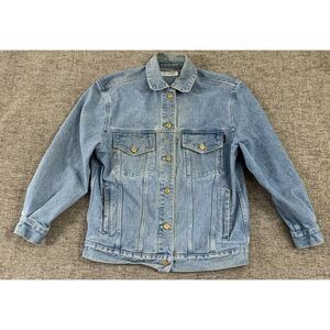 St. John Signature Jeans Denim Jean Jacket Sequin Design Distressed READ Sz S‎